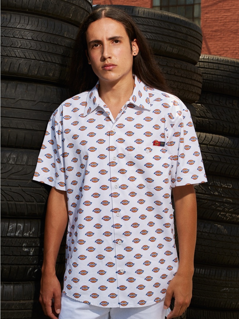 Dickies White Short-Sleeve Button-Front Shirt with Dickies Logo Print